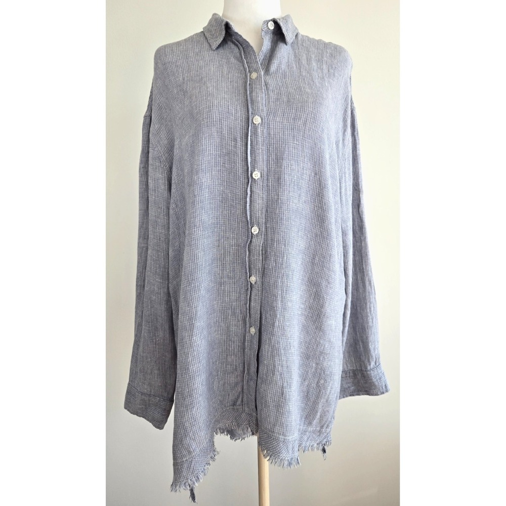 Belle Vere Linen Viscose Checker Shirt Dress Fringe Hem Long Sleeves Quiet Lux